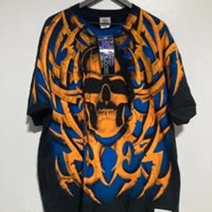 Vintage Liquid Blue Skull Pile Tribal 90s Shirt 1998 AOP NWT XXL